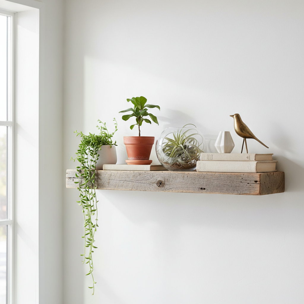 rustic reclaimed wood wall shelf displaying home decor items rustic reclaimed wood wall shelf displaying home decor items