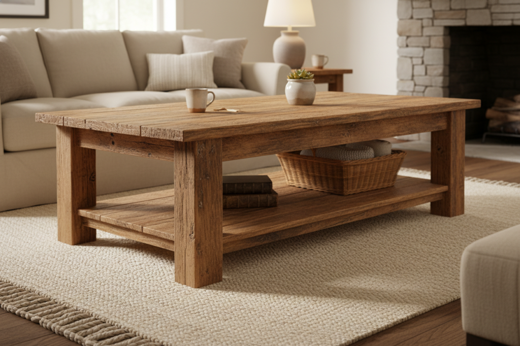 rustic wooden coffee table with lower storage shelf