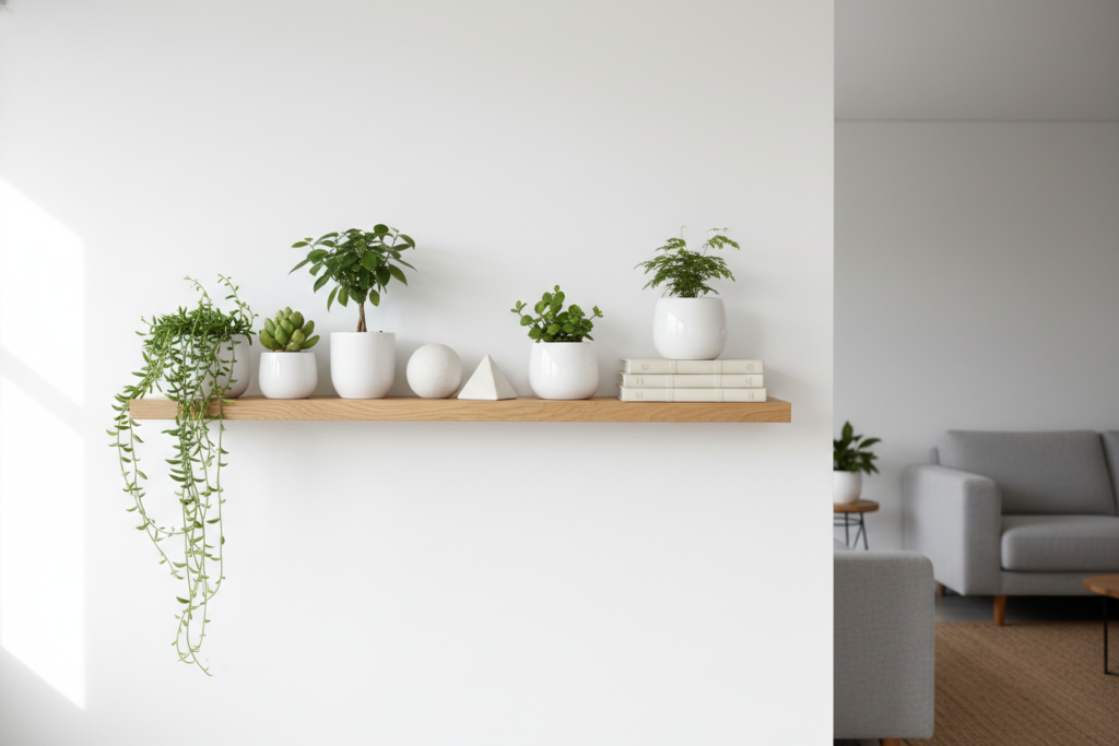 rustic wooden floating shelf mounted on white wall with plants rustic wooden floating shelf mounted on white wall with plants