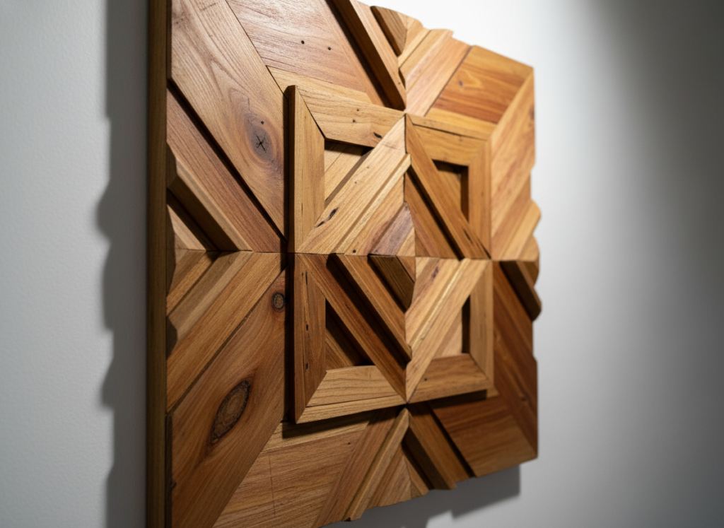 rustic wooden wall art with geometric patterns