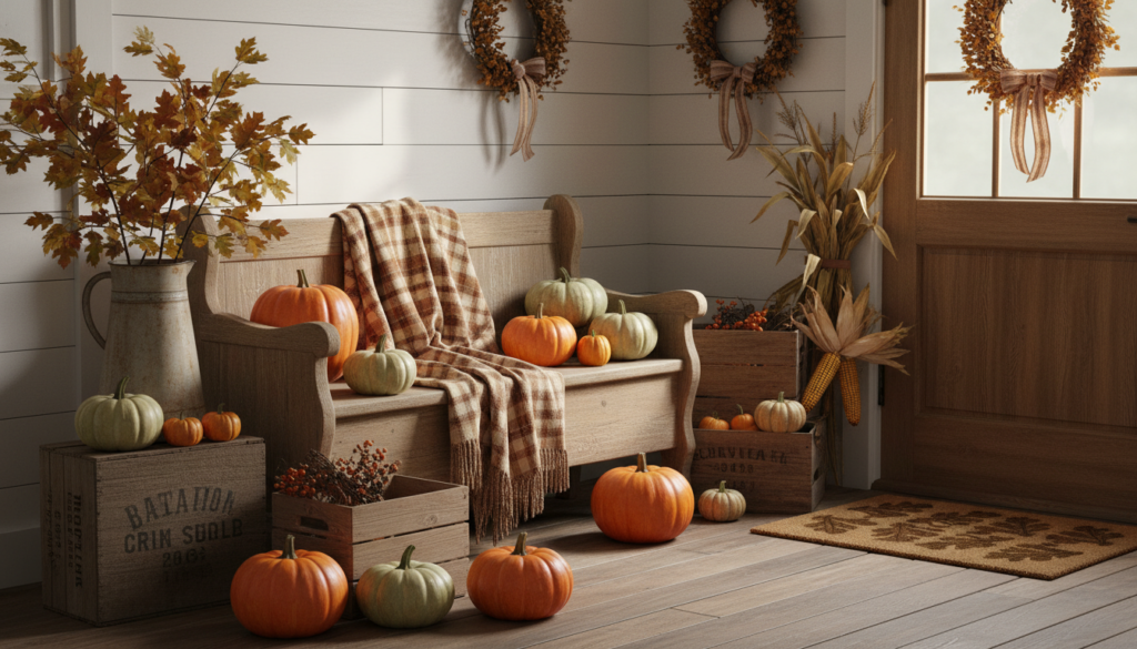 seasonal homestead decor with pumpkins and autumn elements in farmhouse setting