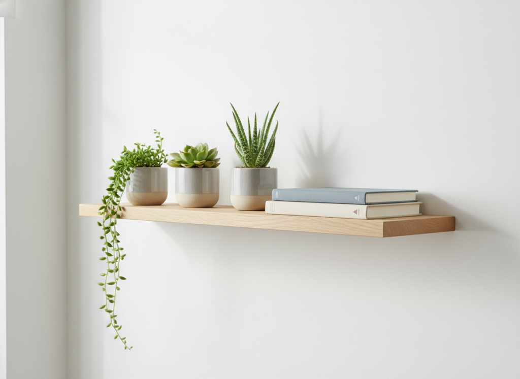 simple diy wood floating shelf mounted on white wall displaying plants and books simple diy wood floating shelf mounted on white wall displaying plants and books