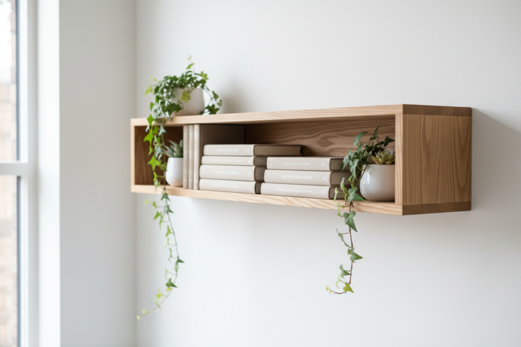 simple wooden shelf mounted on wall holding books and decorative items