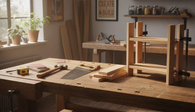 simple woodworking projects workspace with basic tools and wood pieces