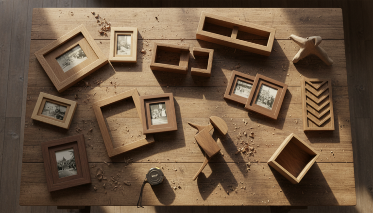 small wood projects displayed on rustic workshop table