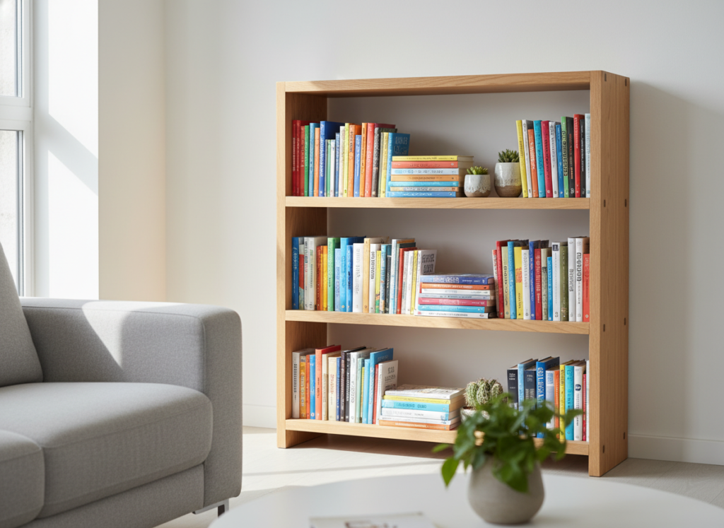 small wooden bookshelf with books displayed small wooden bookshelf with books displayed