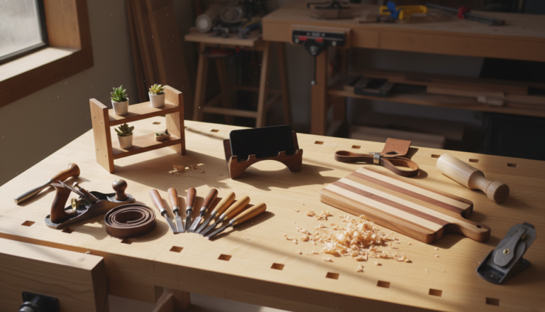 small woodworking projects displayed on workbench with tools