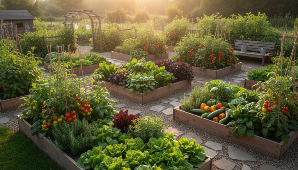 thriving vegetable garden with raised beds full of vegetables and herbs thriving vegetable garden with raised beds full of vegetables and herbs