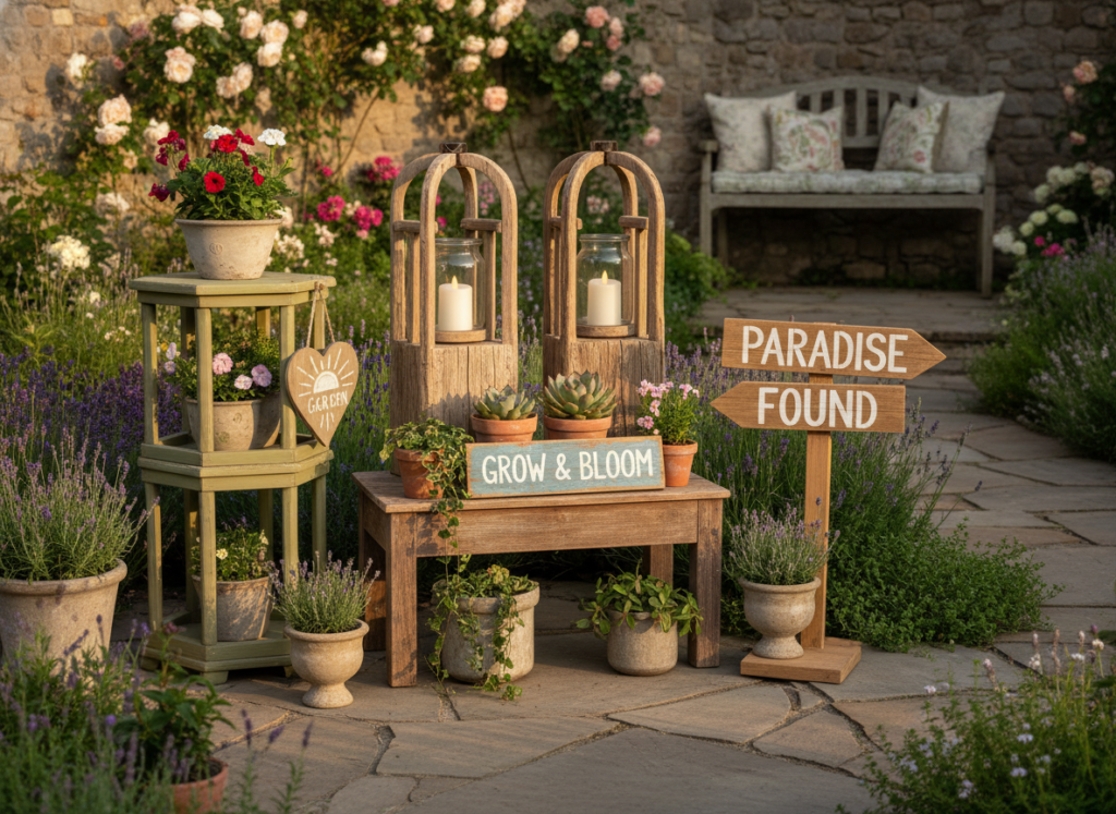 various wooden outdoor decorative items including lanterns and plant stands various wooden outdoor decorative items including lanterns and plant stands