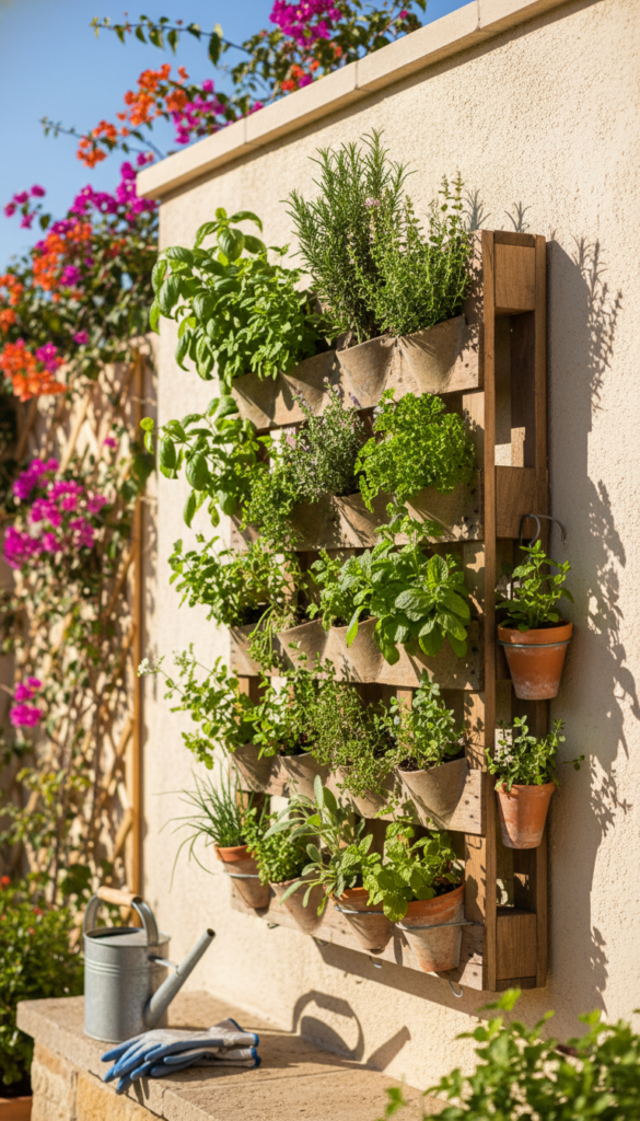 vertical pallet herb garden on patio wall