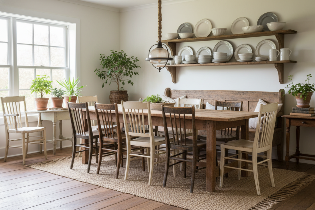 vintage farmhouse furniture arrangement with distressed wood table and antique chairs in homestead aesthetic room