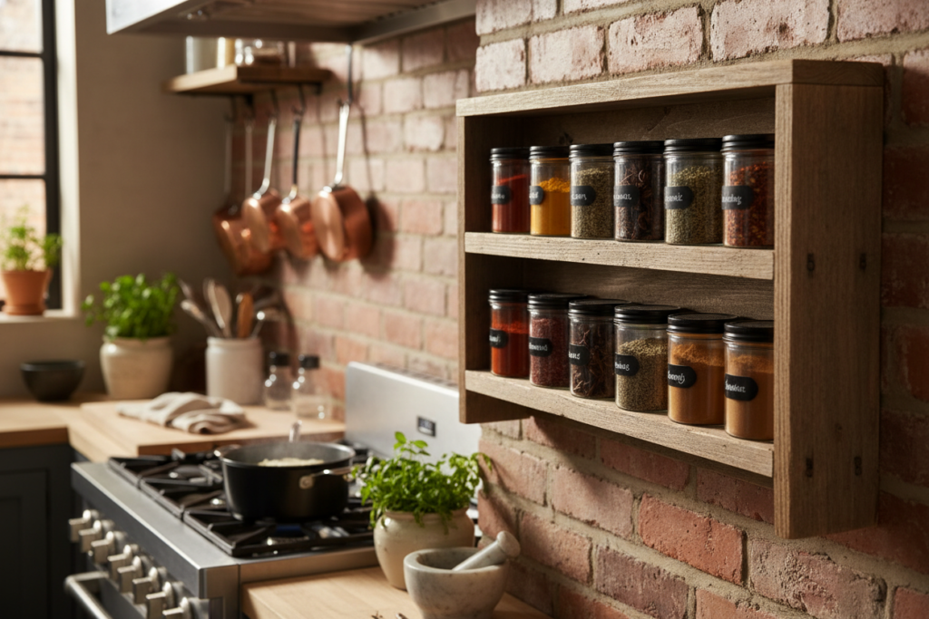 wall-mounted wooden spice rack with glass jars wall-mounted wooden spice rack with glass jars