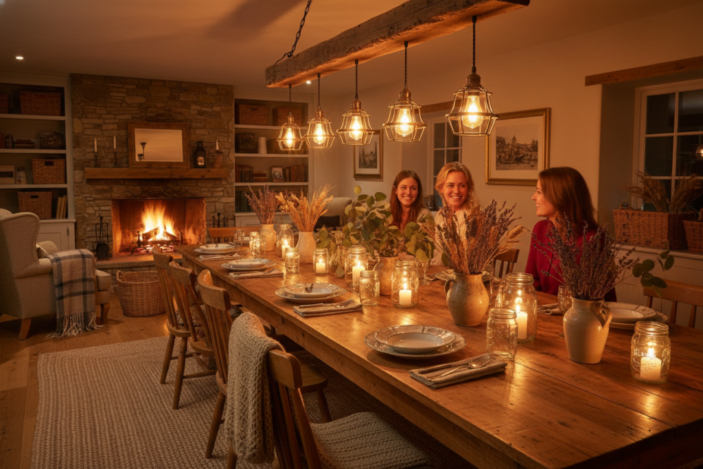 warm lighting fixtures including pendant lights and candles creating cozy homestead aesthetic ambiance