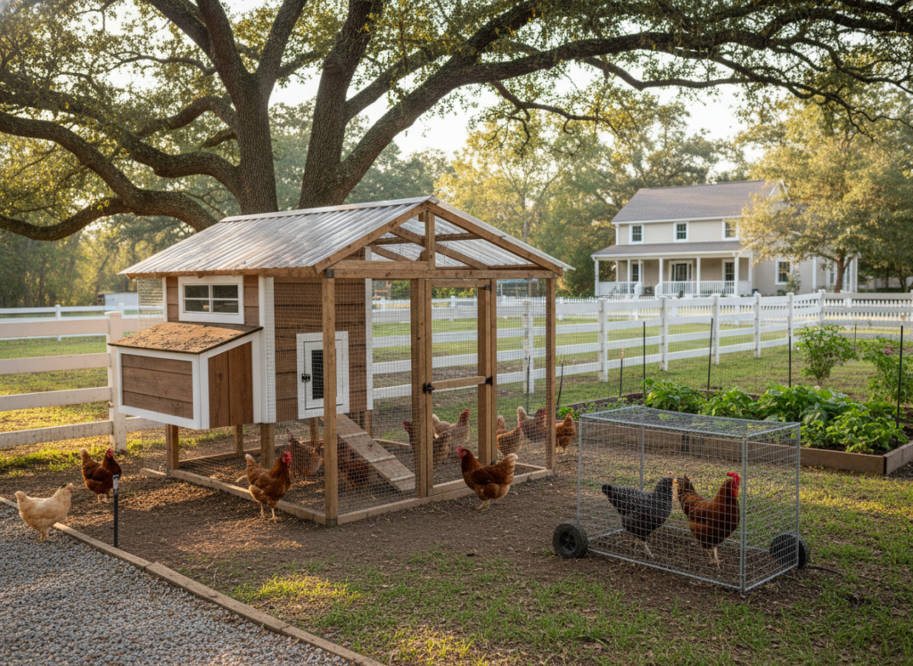 well-designed chicken coop with attached run and garden integration