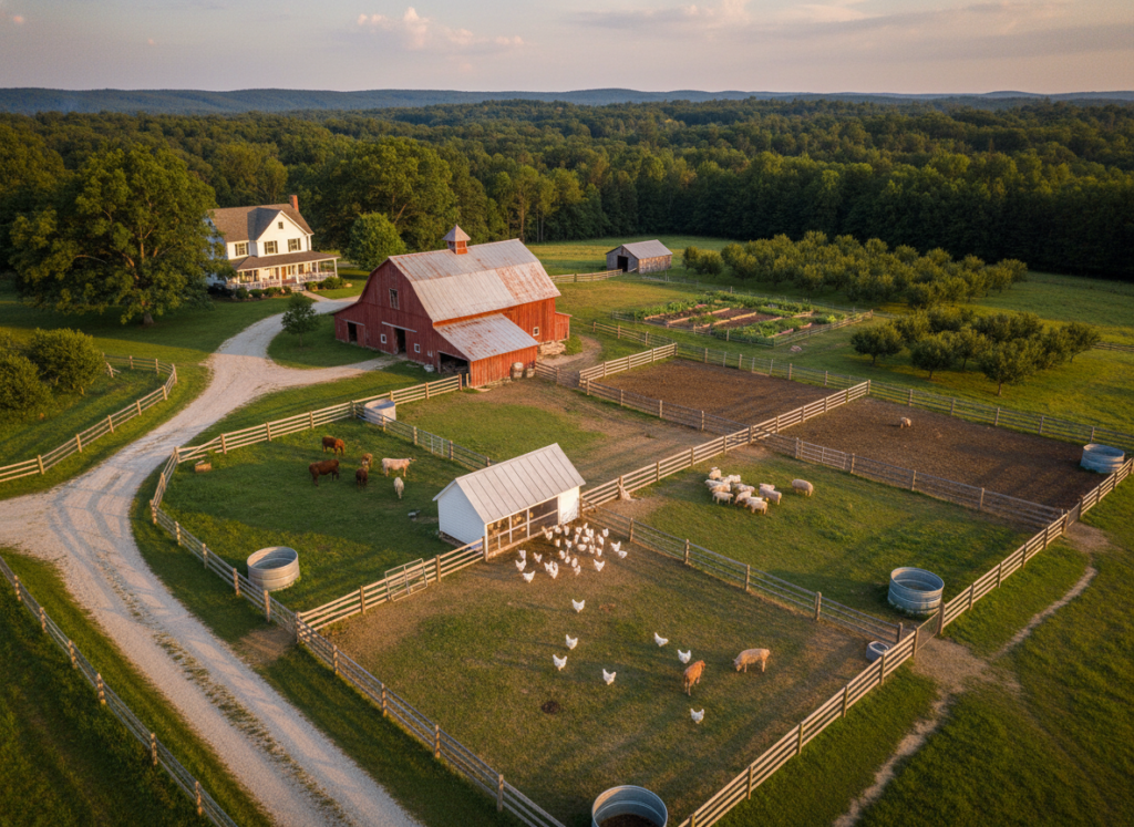 well-designed homestead with chicken coop, barn, and rotational grazing pastures well-designed homestead with chicken coop, barn, and rotational grazing pastures