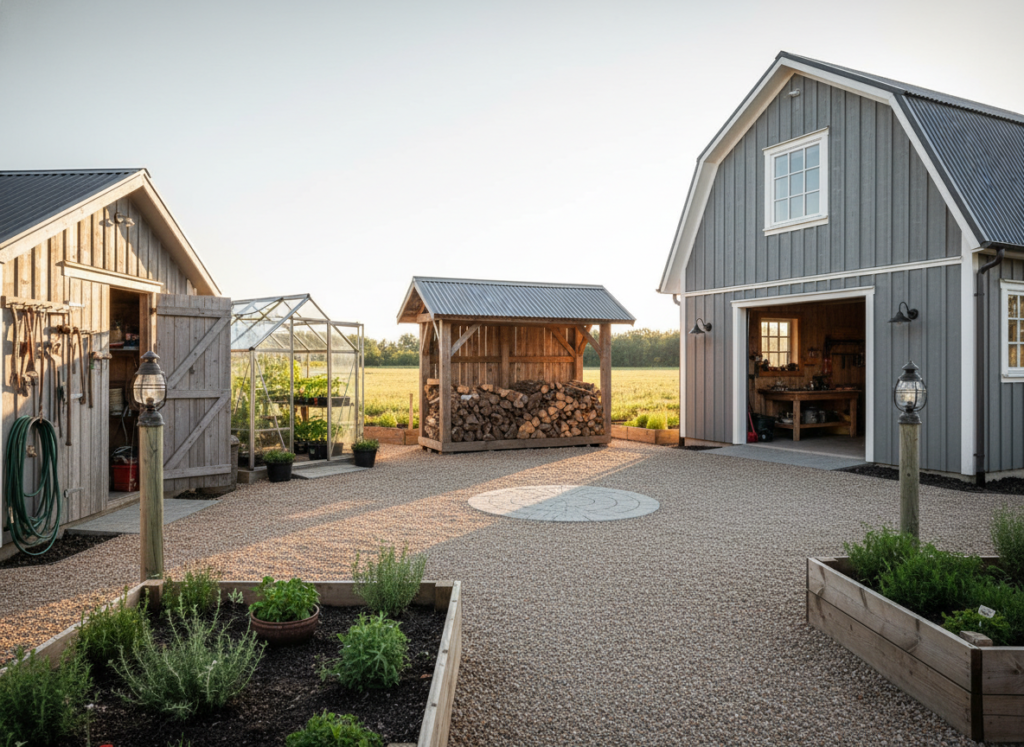 well-organized homestead storage buildings and work areas