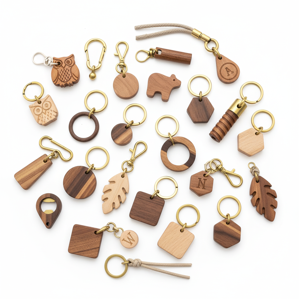 wood craft projects showing keychains and small accessories