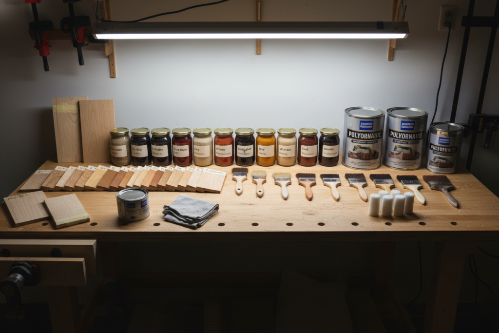 wood finishing supplies and stained wood samples