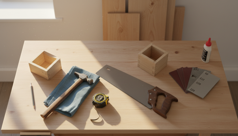 wood projects for beginners workspace with basic tools and materials