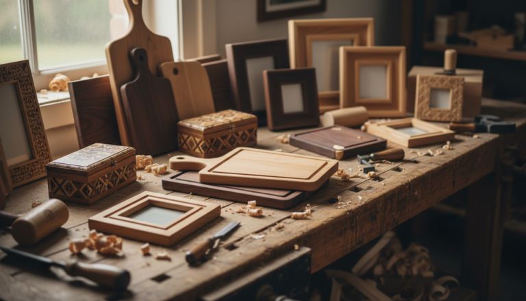 wood projects that sell displayed on rustic wooden table with tools