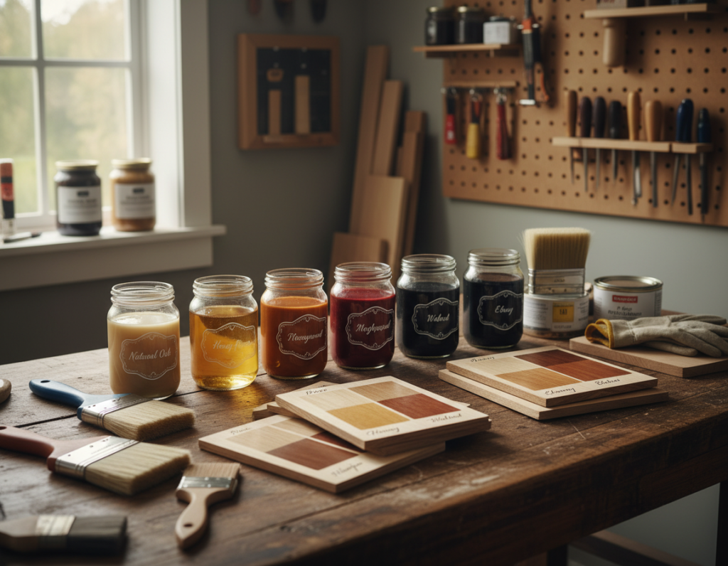wood staining supplies and test boards showing different colors