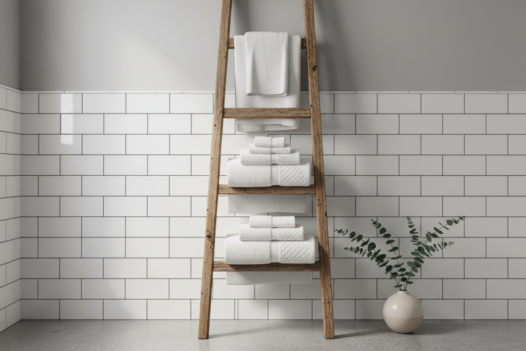 wooden bathroom storage ladder with towels wooden bathroom storage ladder with towels