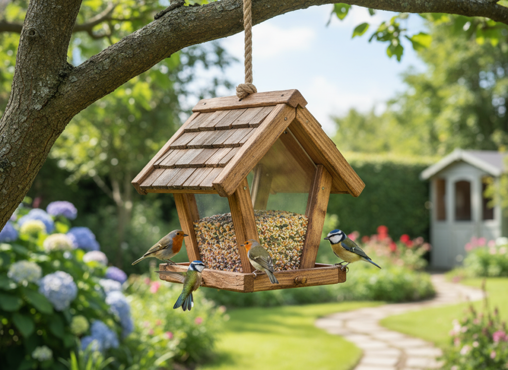 wooden bird feeder hanging from tree branch