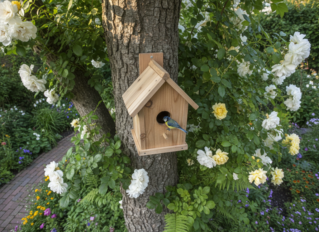 wooden birdhouse mounted on tree