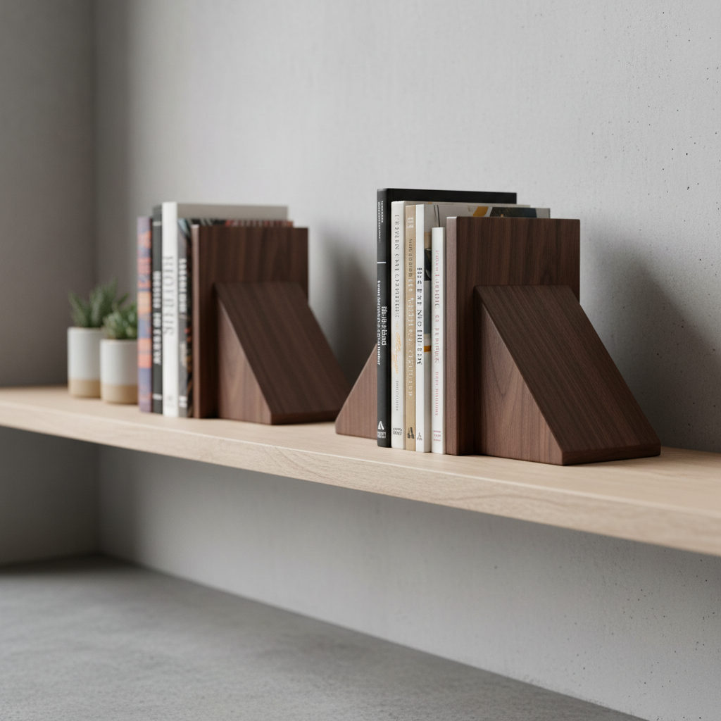 wooden bookends on office shelf