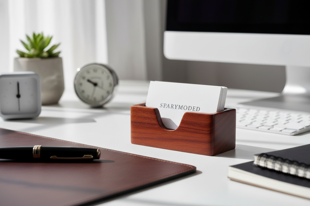 wooden business card holder on desk