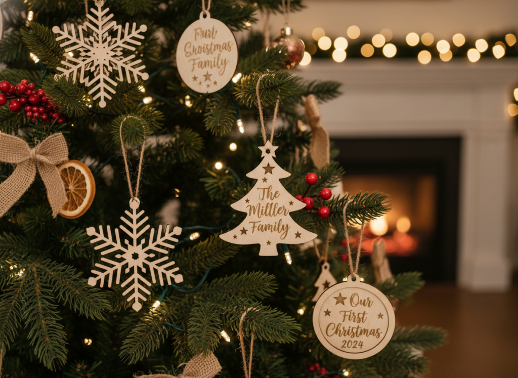 wooden christmas ornaments on tree