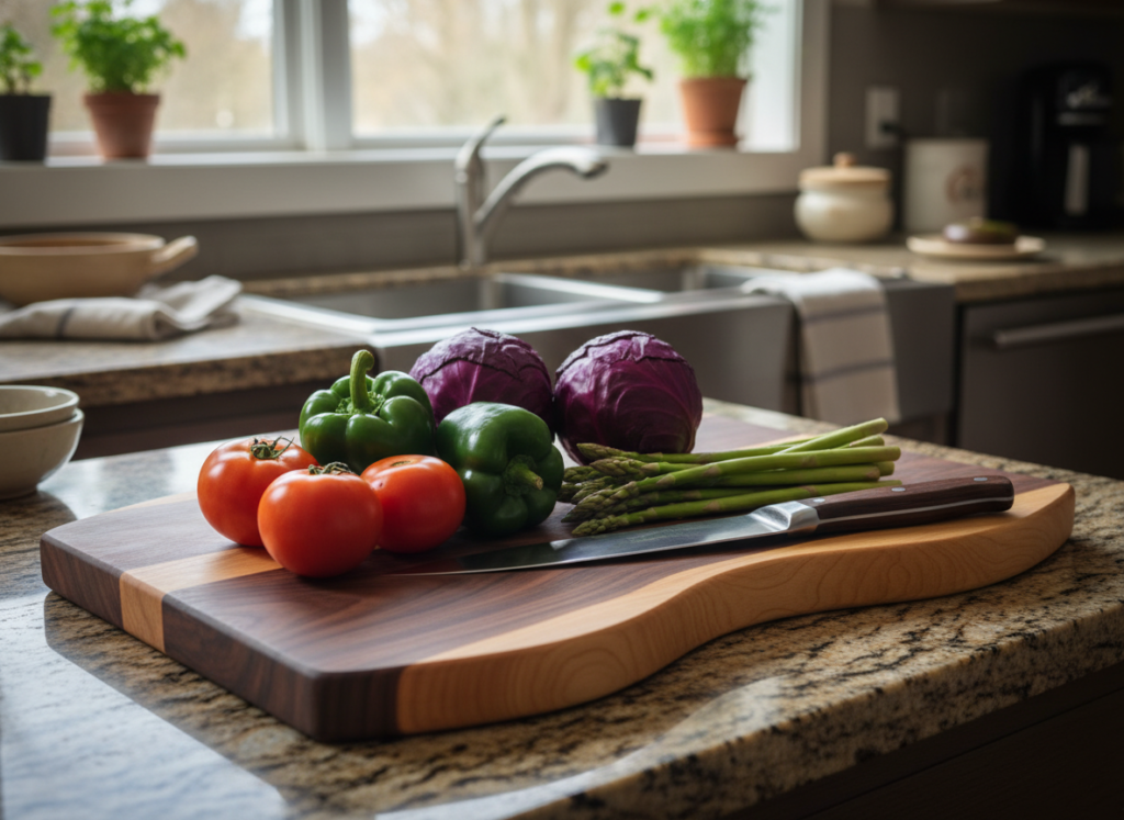 wooden cutting board with kitchen utensils wooden cutting board with kitchen utensils
