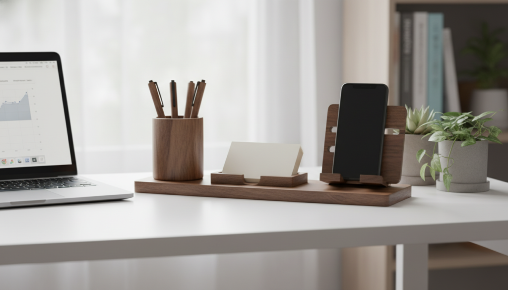 wooden desk organizer and accessories on workspace