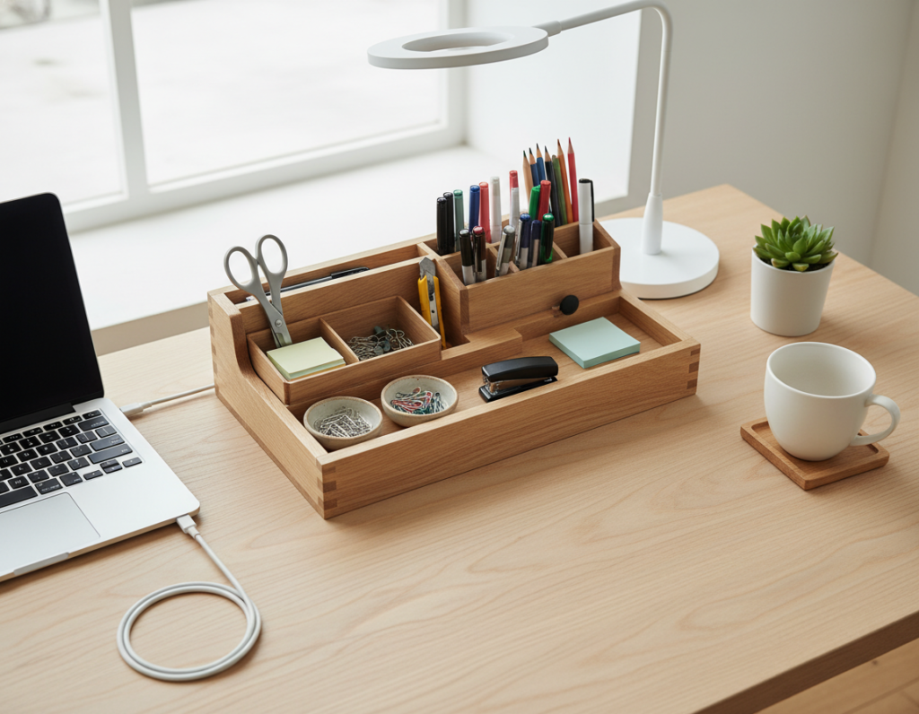 wooden desk organizer with office supplies