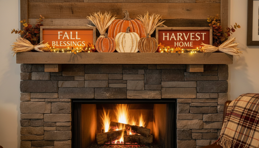 wooden fall decor arrangement on mantel wooden fall decor arrangement on mantel