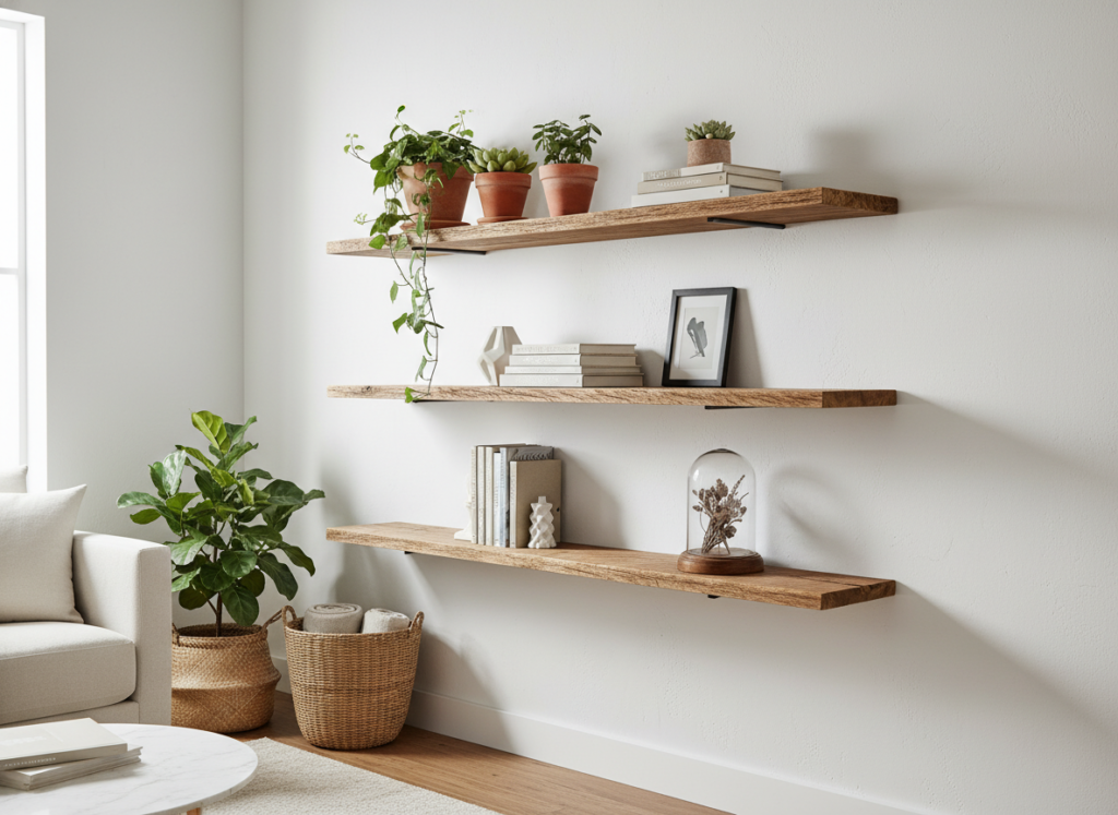 wooden floating shelves mounted on wall displaying books and plants
