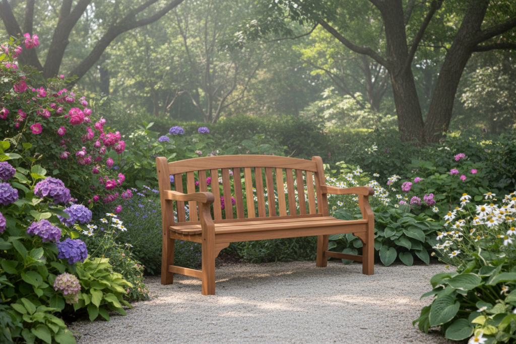 wooden garden bench in backyard setting among flowers and greenery wooden garden bench in backyard setting among flowers and greenery