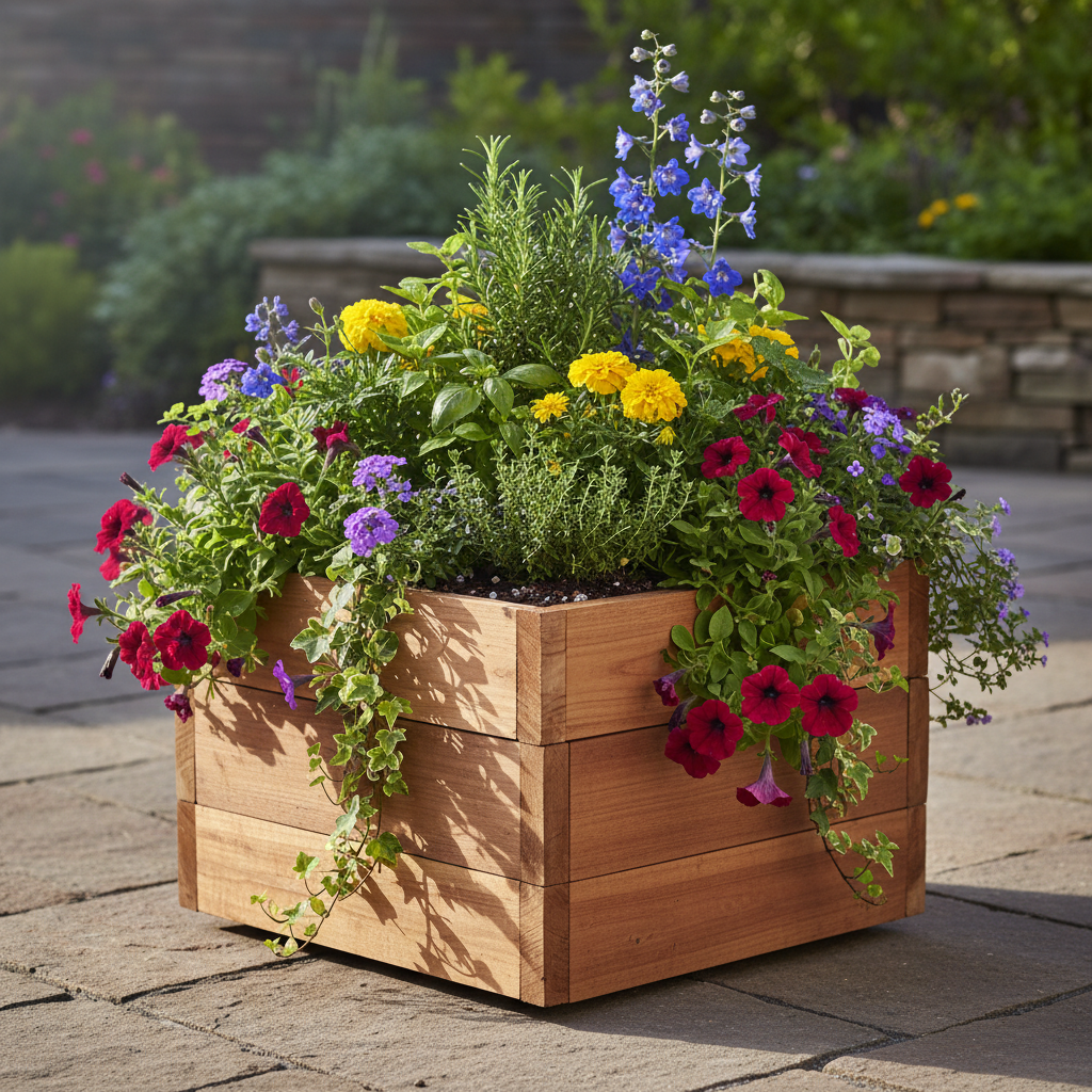 wooden garden planter box filled with colorful flowers and herbs wooden garden planter box filled with colorful flowers and herbs
