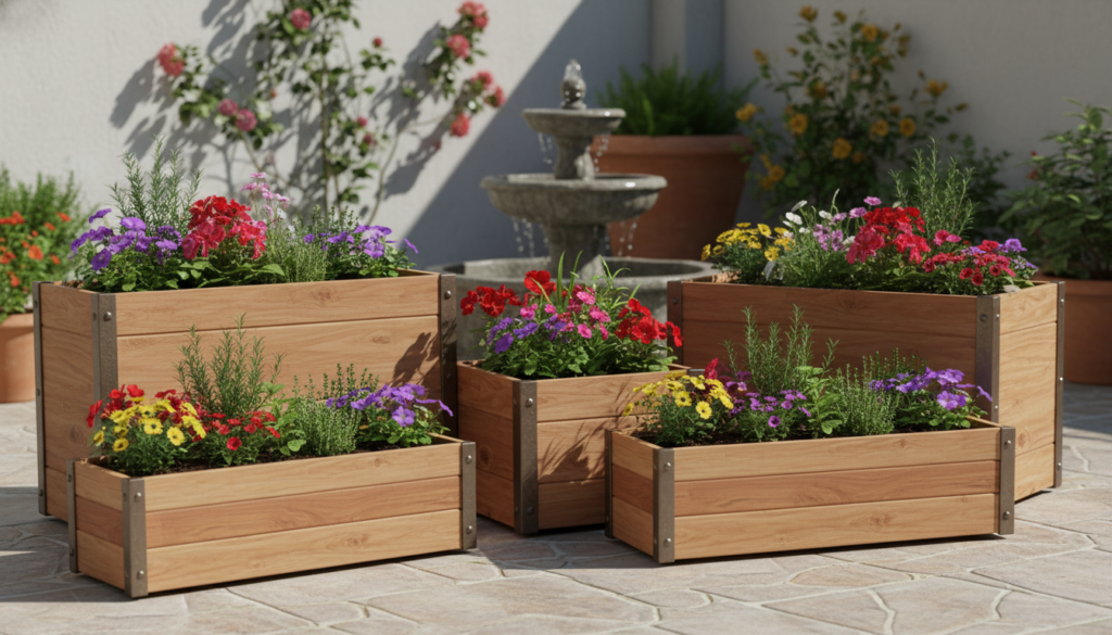 wooden garden planter boxes on patio