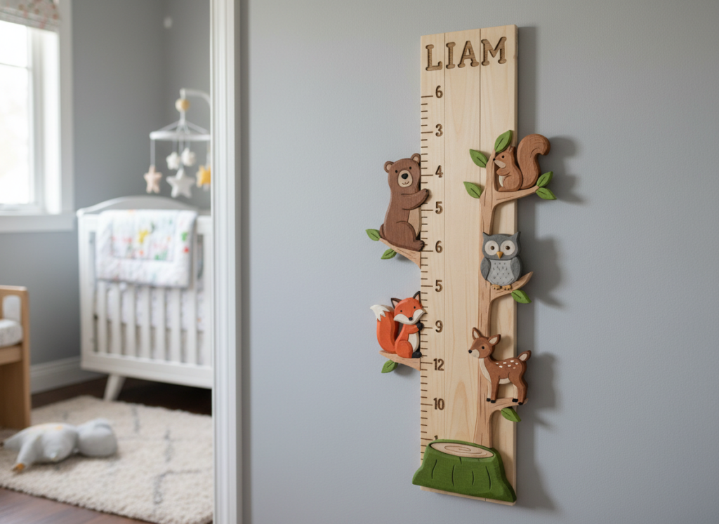 wooden growth chart in nursery