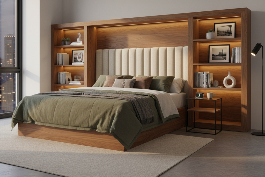 wooden headboard with integrated shelving and lighting wooden headboard with integrated shelving and lighting