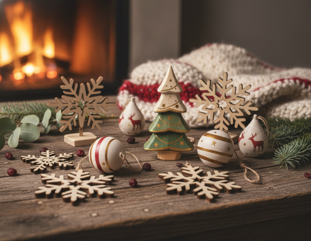 wooden holiday decorations including snowflakes and ornaments wooden holiday decorations including snowflakes and ornaments