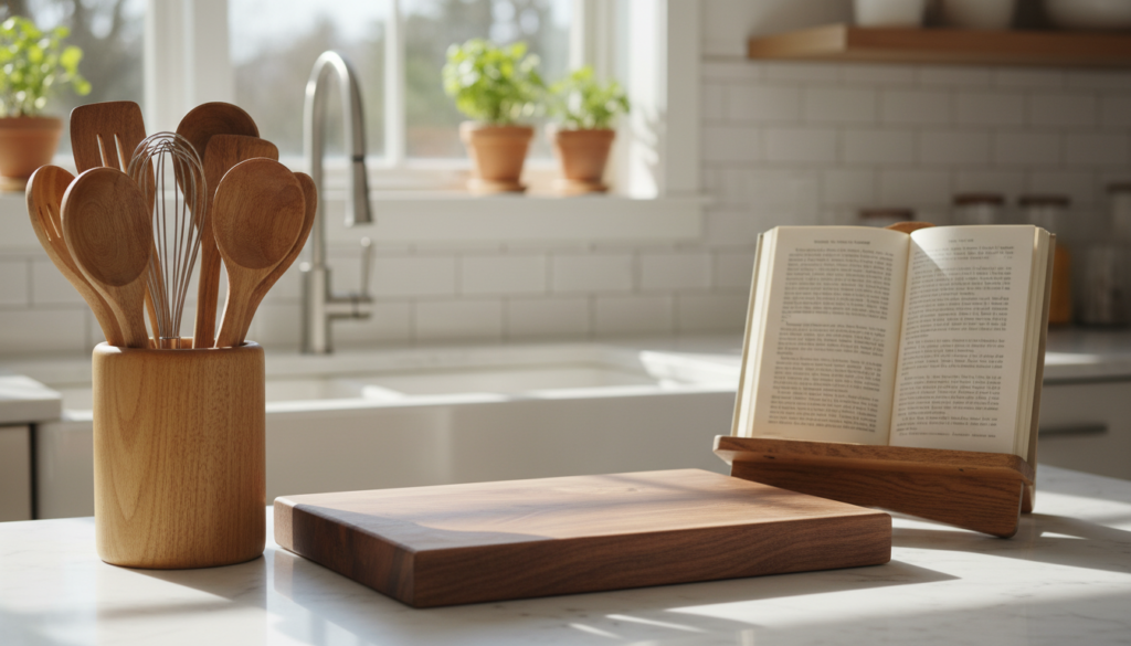wooden kitchen accessories on counter