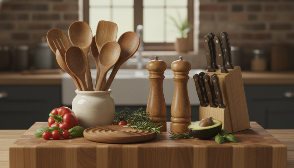 wooden kitchen utensils and accessories displayed