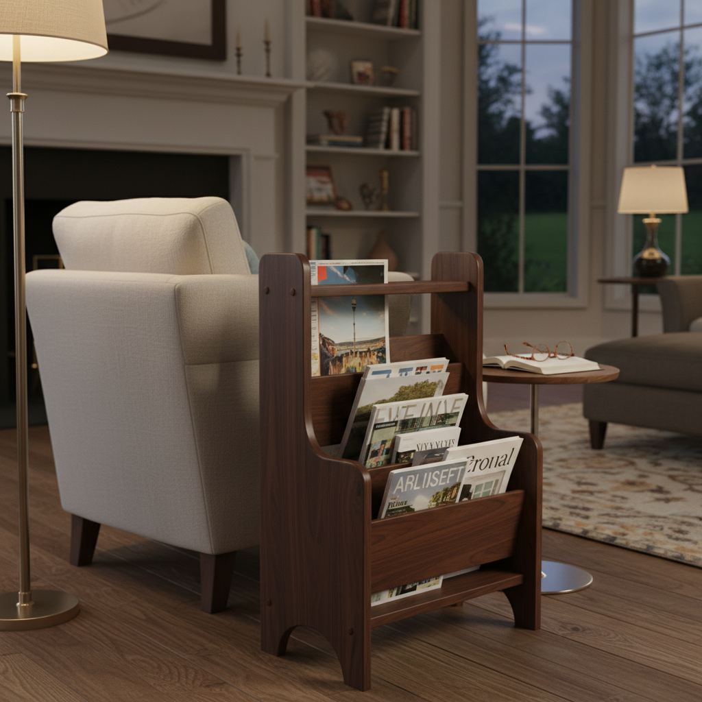 wooden magazine rack next to reading chair