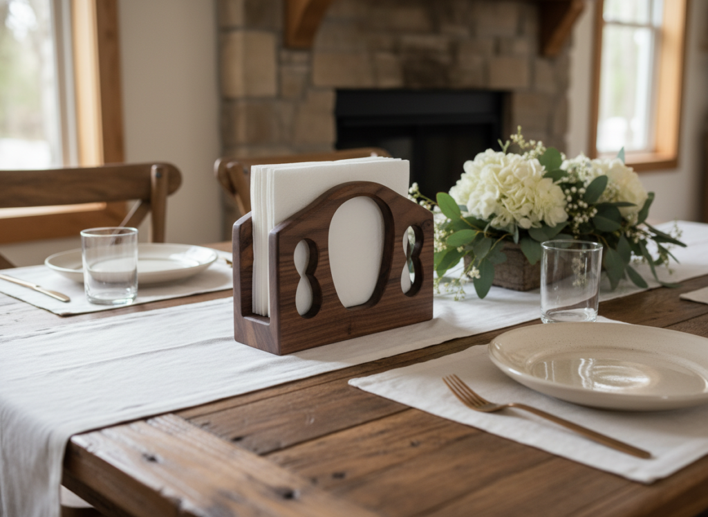 wooden napkin holder on dining table