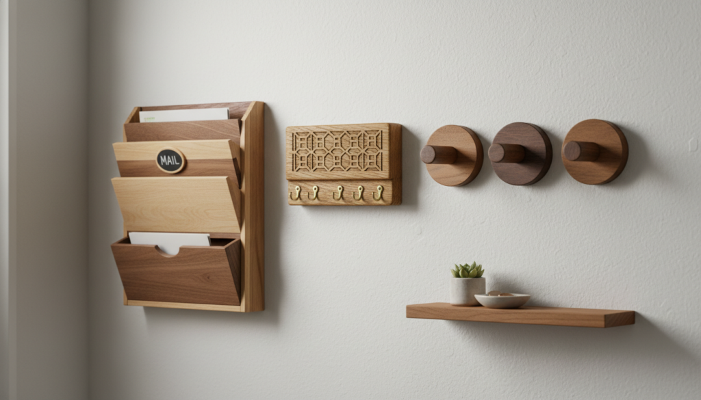 wooden organization items on entryway wall