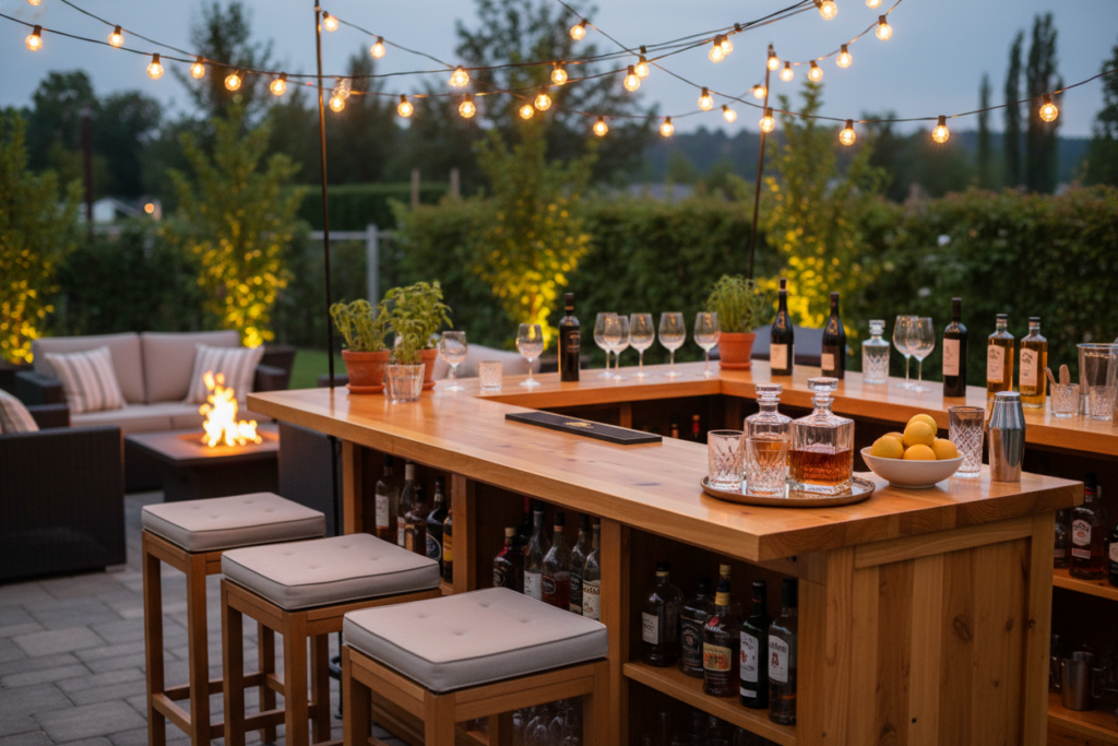 wooden outdoor bar on a patio ready for entertaining wooden outdoor bar on a patio ready for entertaining