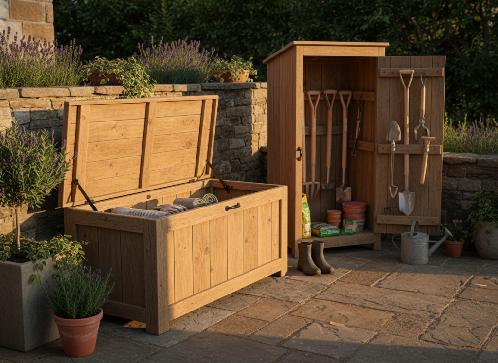 wooden outdoor storage bench and shed on a patio wooden outdoor storage bench and shed on a patio