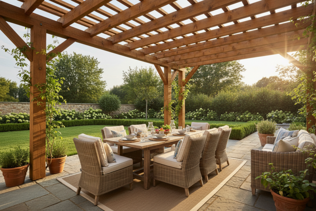 wooden pergola structure creating shade over an outdoor patio area wooden pergola structure creating shade over an outdoor patio area